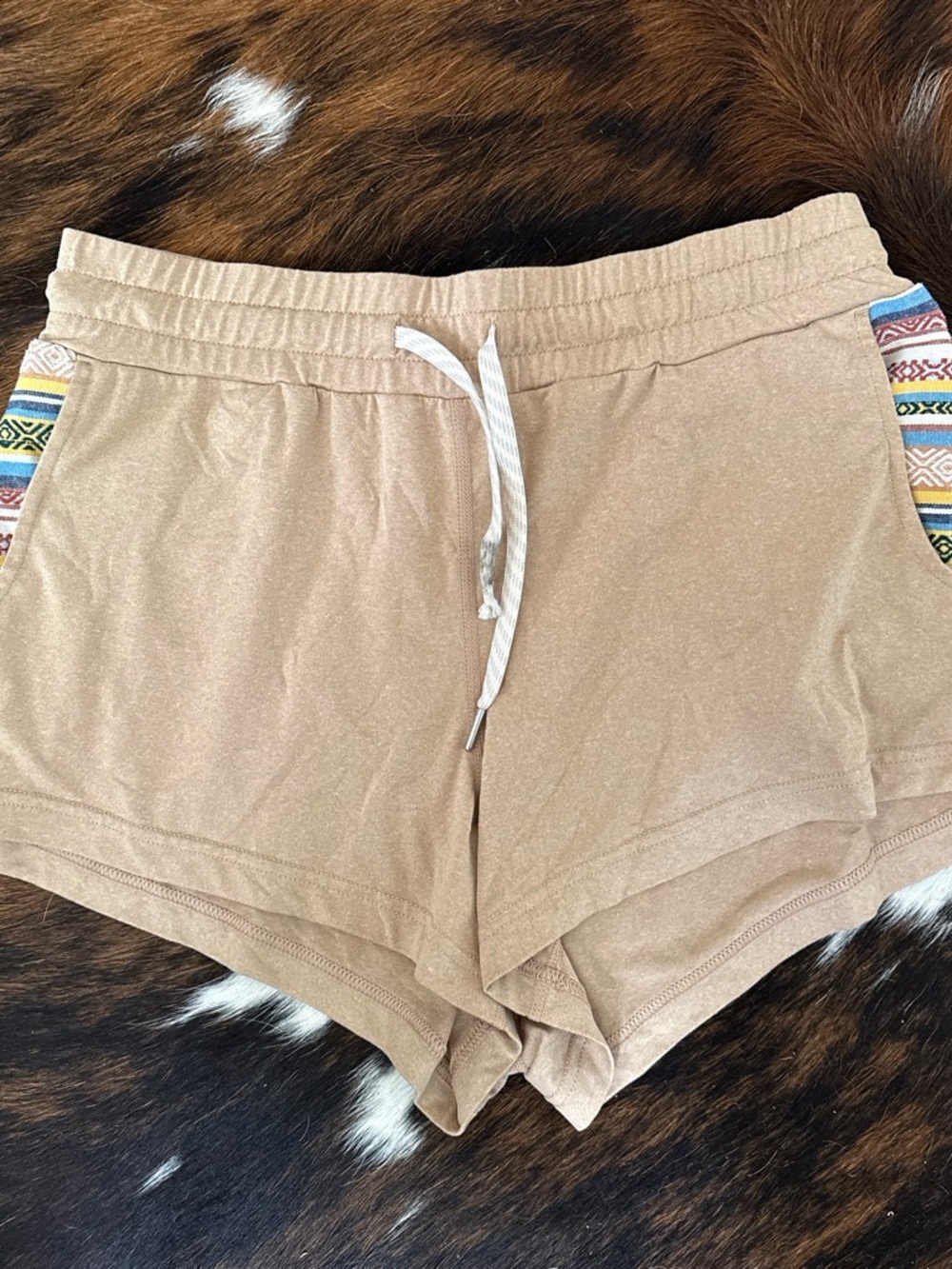 Women's Tan Athletic Lounge Shorts with Tribal Pocket Trim